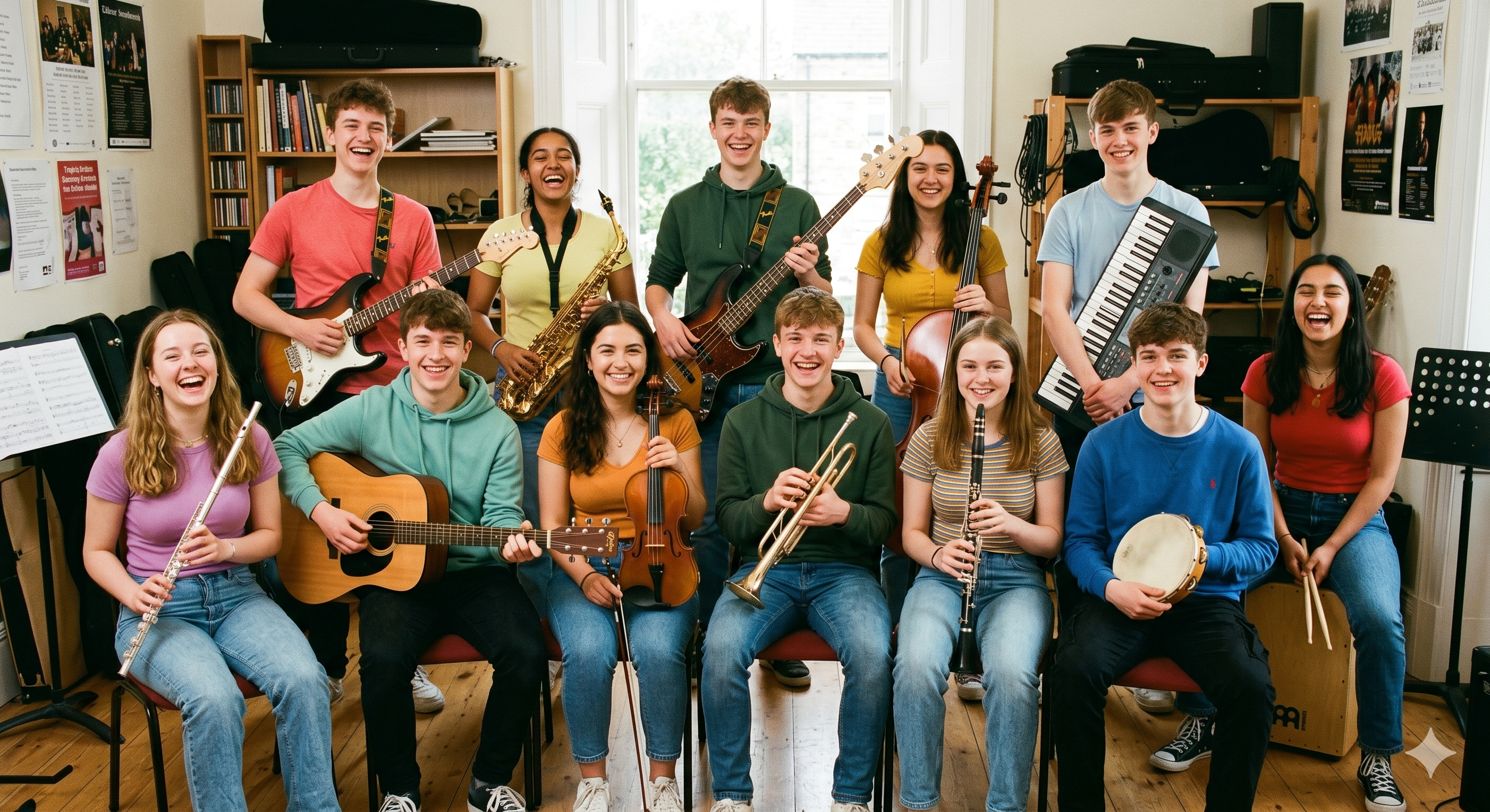 Jovens músicos em orquestra